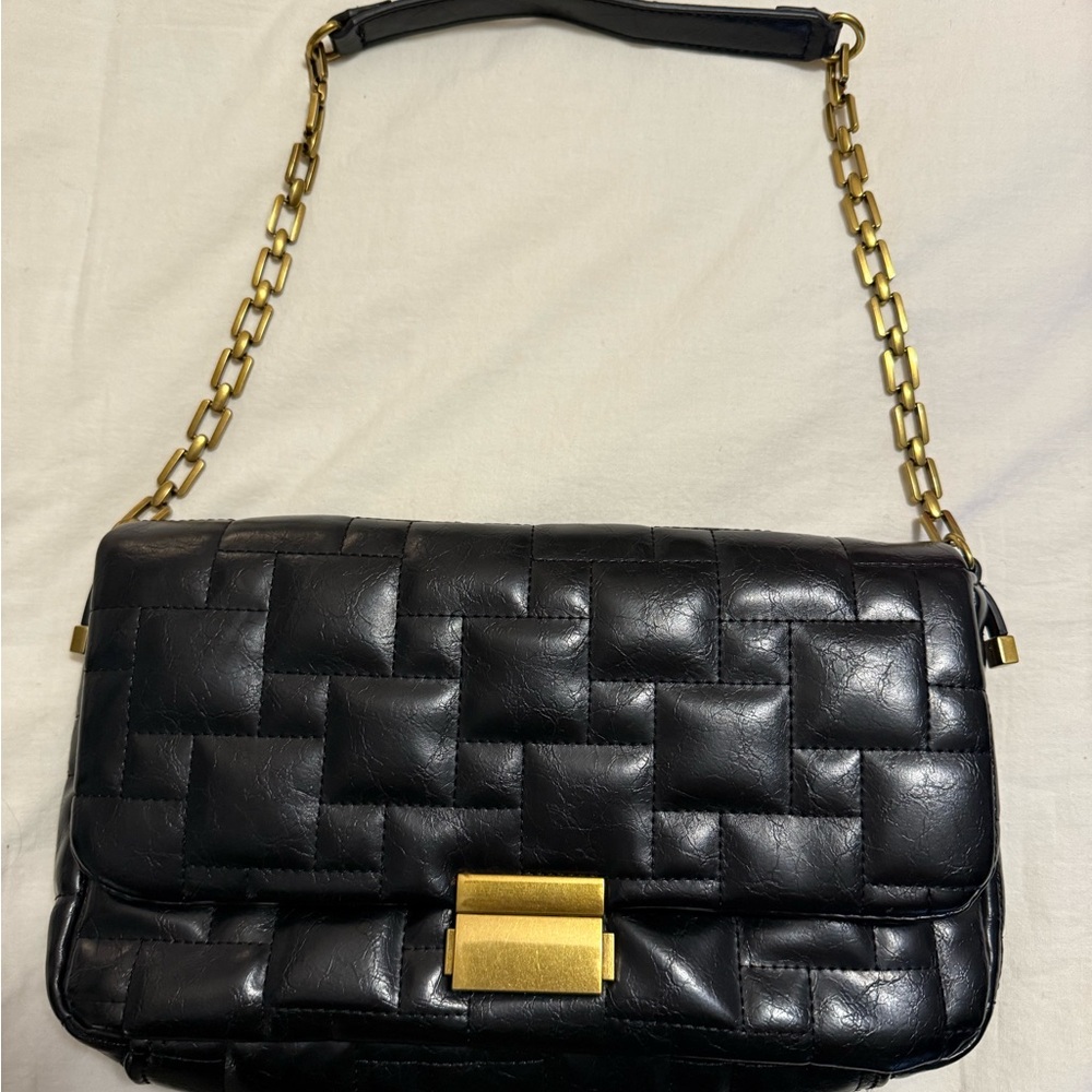 Zara Black Quilted Shoulder Bag with Gold Chain